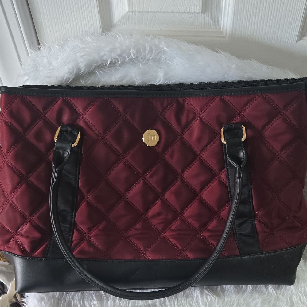 Red and Black Quilted Tote with Leather Trim